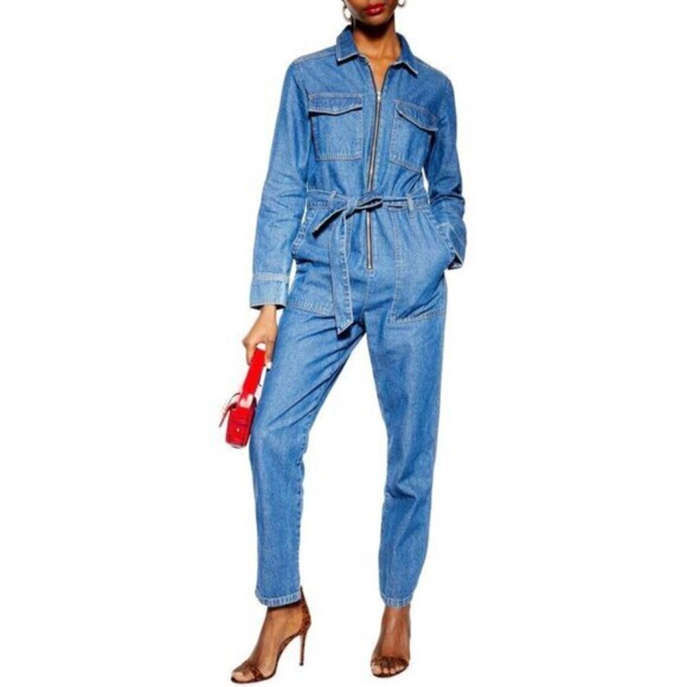 TopShop Denim Utility Broiler Belted Jumpsuit Size 10